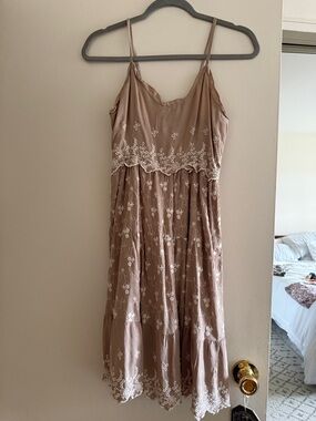 Jessica Simpson Beige-Tan Embroidered Spaghetti Strap Midi Dress